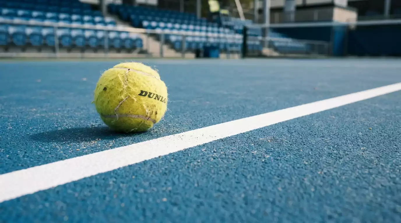 Primer plano de la superficie de pista dura azul del US Open con las líneas blancas y una pelota de tenis en movimiento